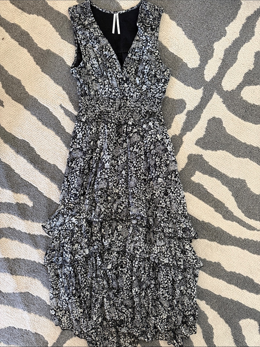 Anthropologie Black and White Floral Tiered Midi Dress with V-Neck